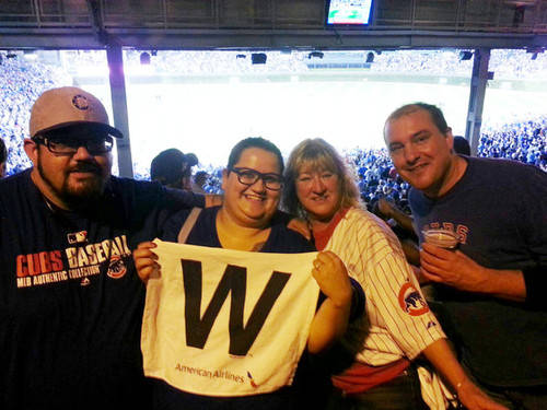 Production Supervisor Jeremy Rivera and fiancée Kelly, Accounts Payable Linda Hatyina and friend Shannon at the Cubs game