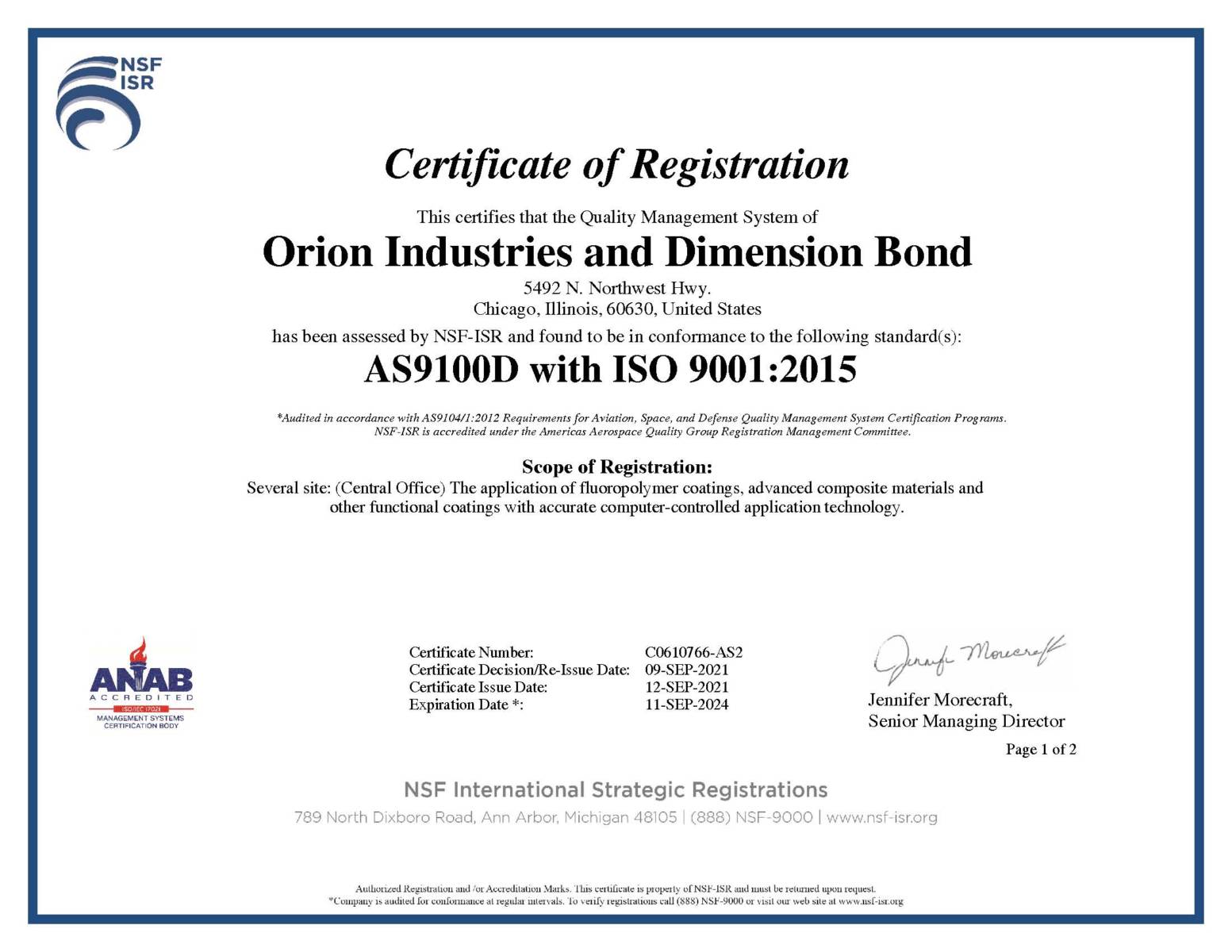 NSF AS9100D certificate