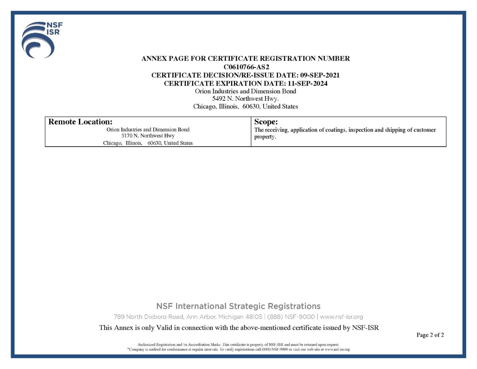 NSF AS9100D certificate page 2